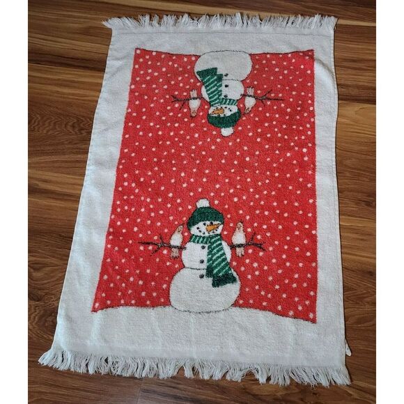 Vintage Christmas Hand Towel Wash Cloth Cannon Snowman Fringe Red White USA - Picture 5 of 8